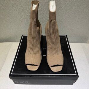 NEW MIA Sock Bootie Heels – Tan Knit Peep Toe, Size 8.5, Original Box